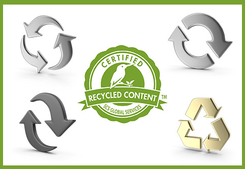 graphic image recycling images in gold, platinum, silver surrounding the SCS Recycled content certificate